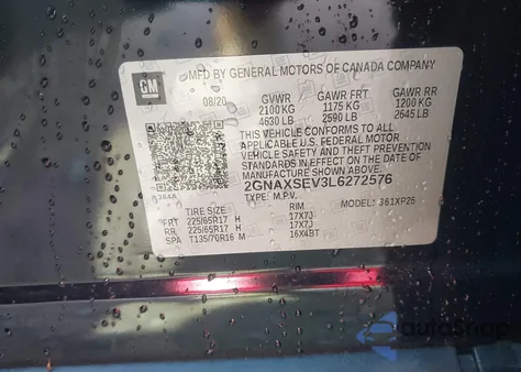 2020 Chevrolet Equinox Awd Ls из США, поврежденный, VIN 2GNAXSEV3L6272576